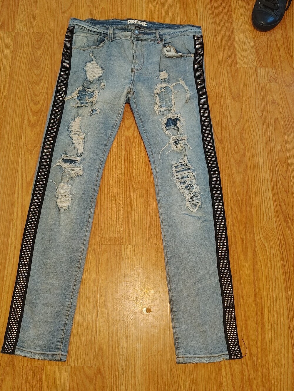 PREME Light Blue Distressed Men's Straight Jeans with Black Rhinestone Side Trim